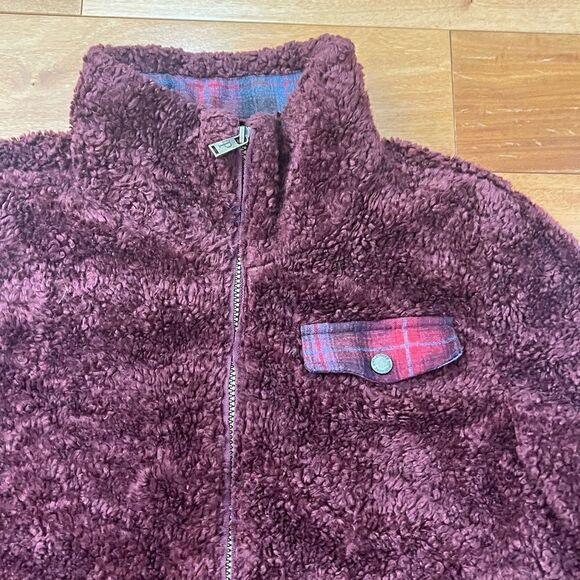 Pendleton Zip Up Burgundy Boucle teddy Fleece Jacket With Plaid Pocket Size L - Picture 8 of 10